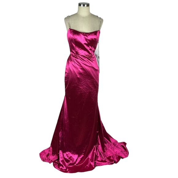 MAC DUGGAL IEENA 12428 Hot Pink Satin Rhinestone Strap Formal Gown Size 6 NWT - Picture 2 of 9